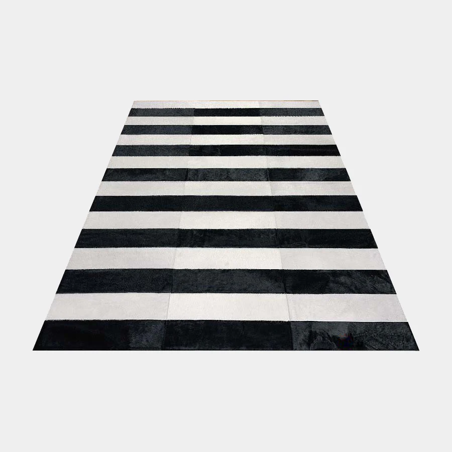 Black and White Line Patchwork Cowhide Rug - Image 3