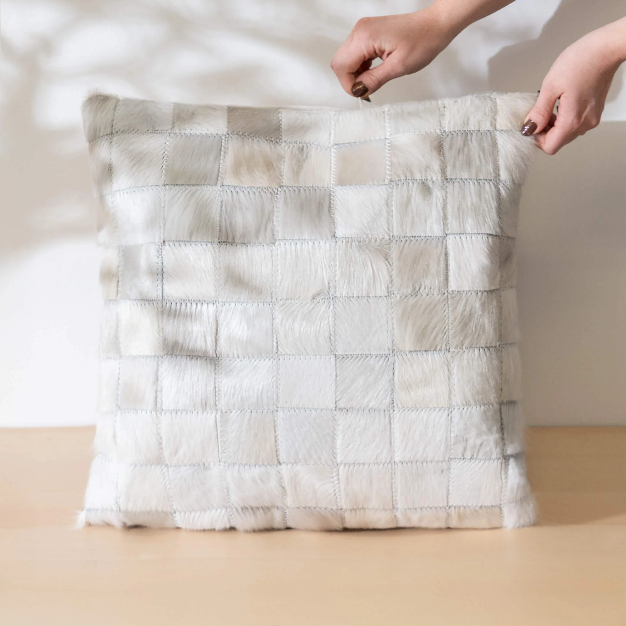 White Cowhide Patchwork Pillow - Image 7